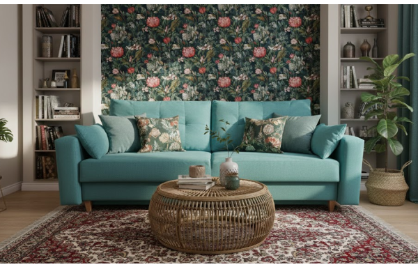 Sofa Kristi II morski na sprężynach z funkcją spania i pojemnikiem